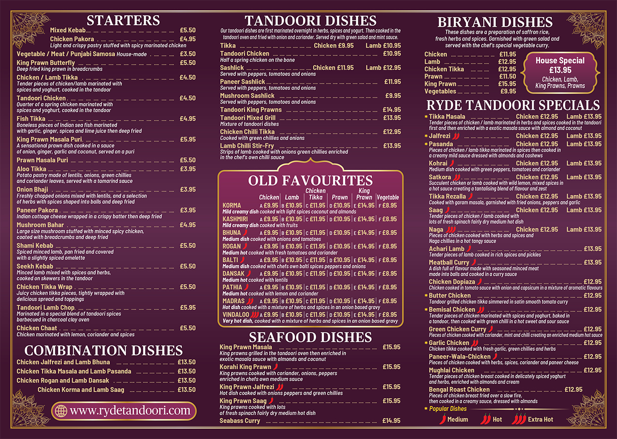 Ryde Tandoori - Takeaway Menu 2026